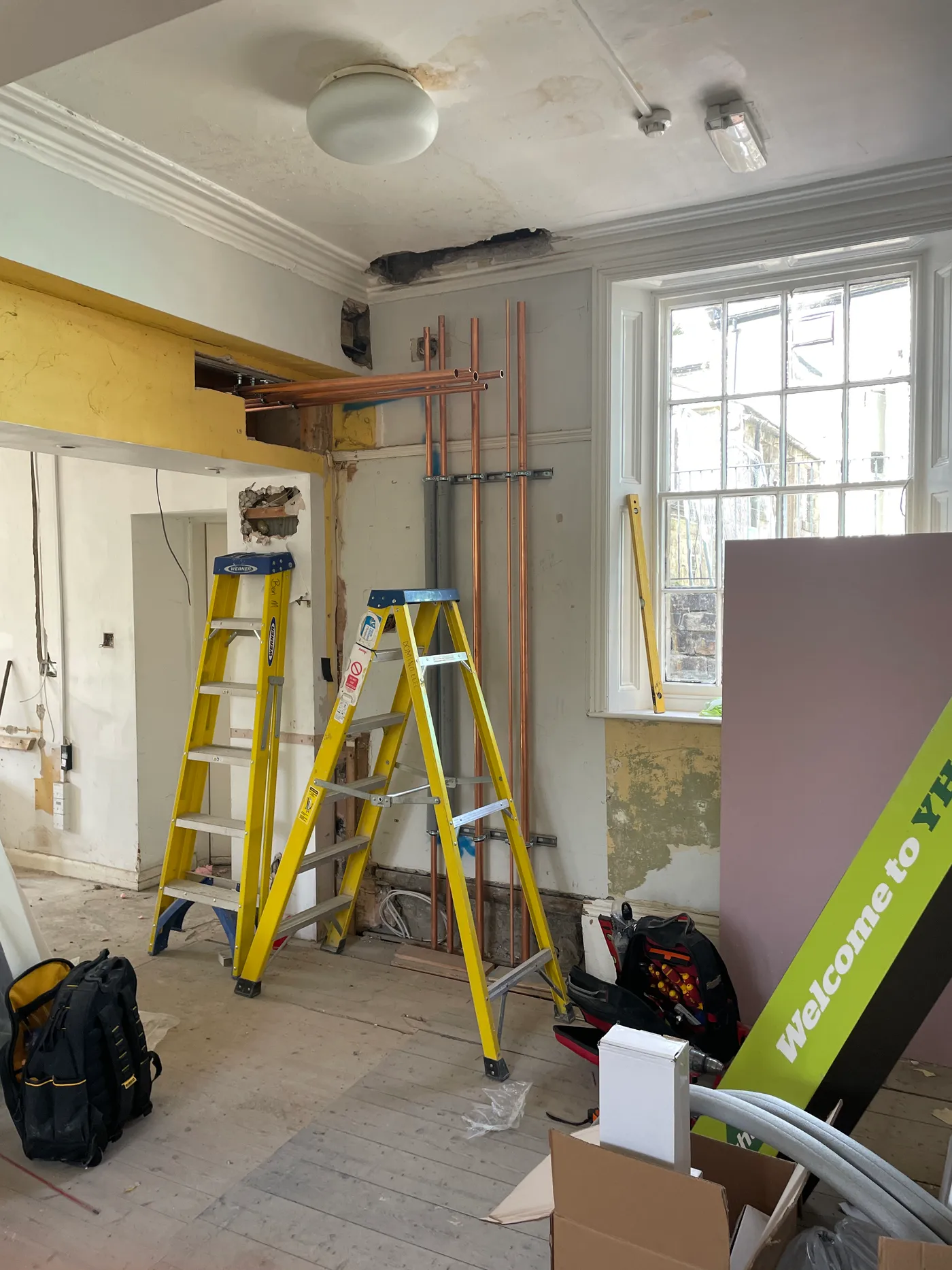 New copper pipework and ladders during the Hathersage renovation
