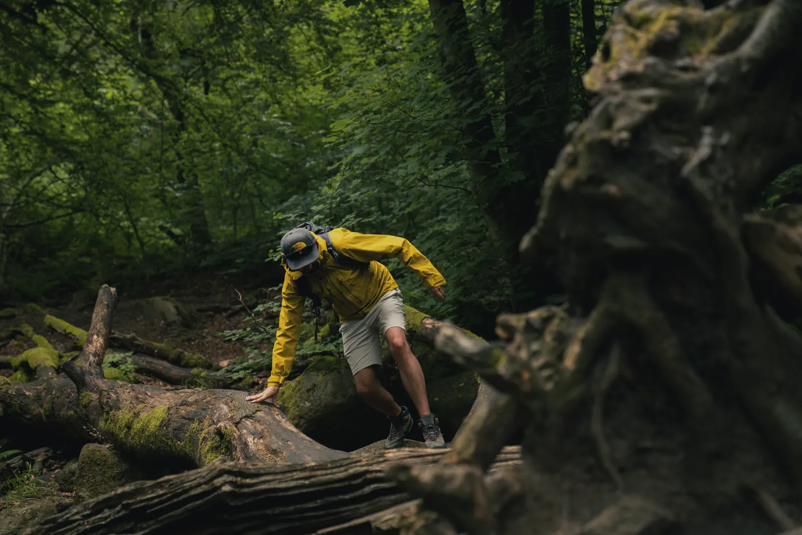 A climber in a yellow jacket working up a gritstone boulder above Hathersage
