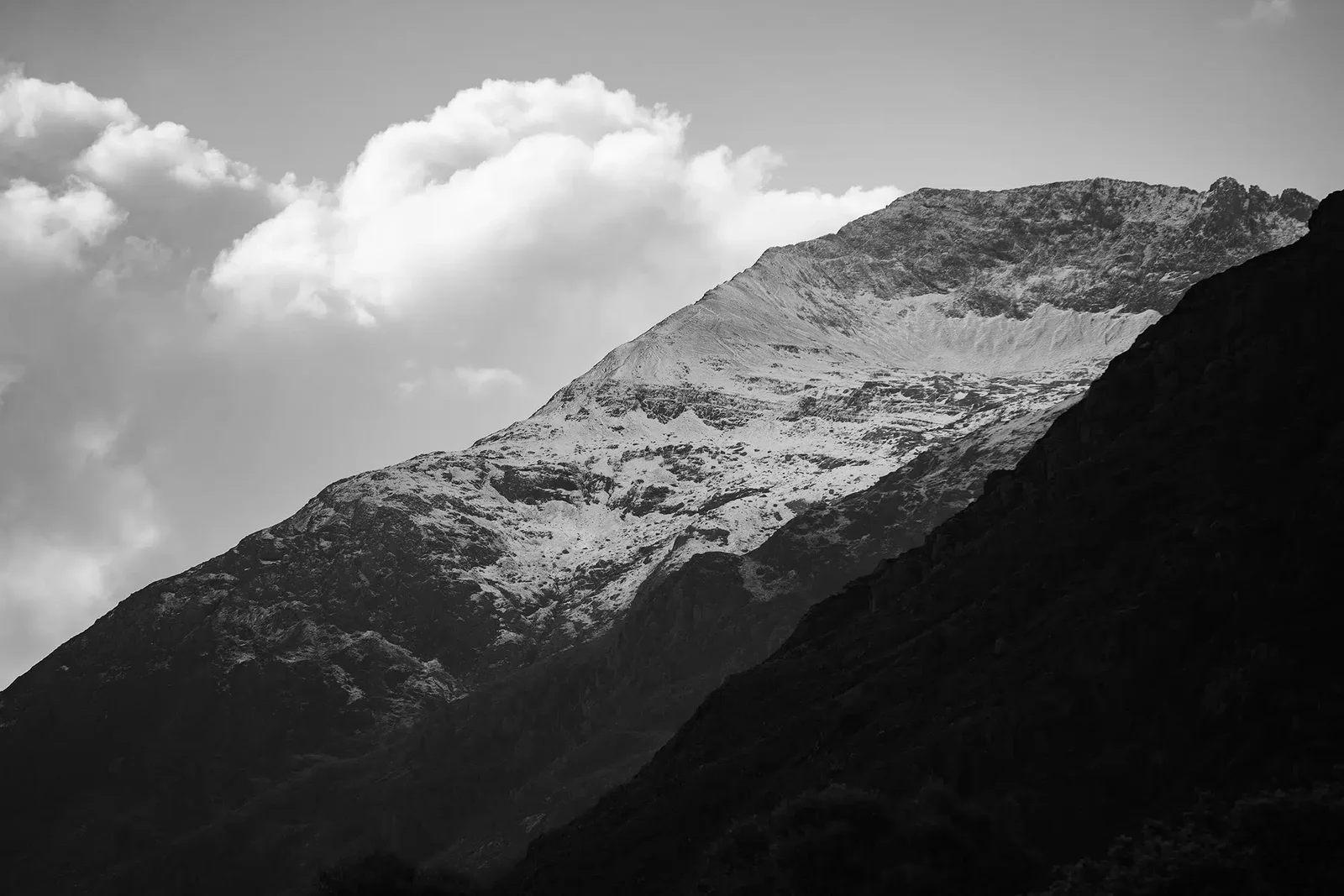 The snow-dusted slopes of Yr Wyddfa (Snowdon) under cloud