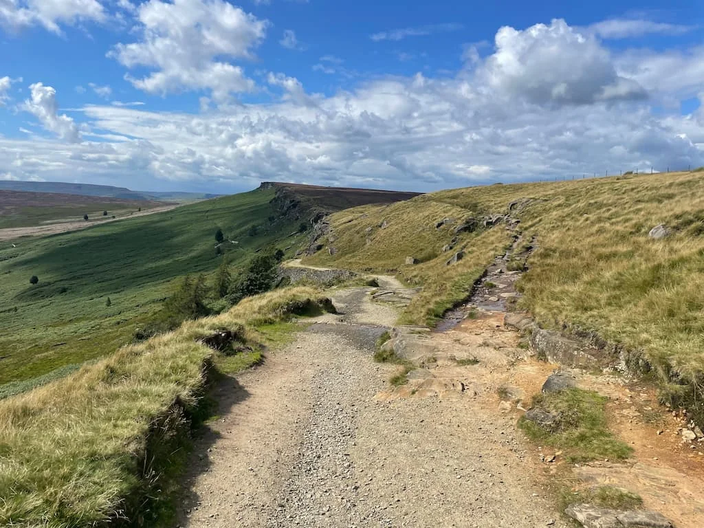 The walking path along the top of Stanage Edge with the gritstone cliffs ahead